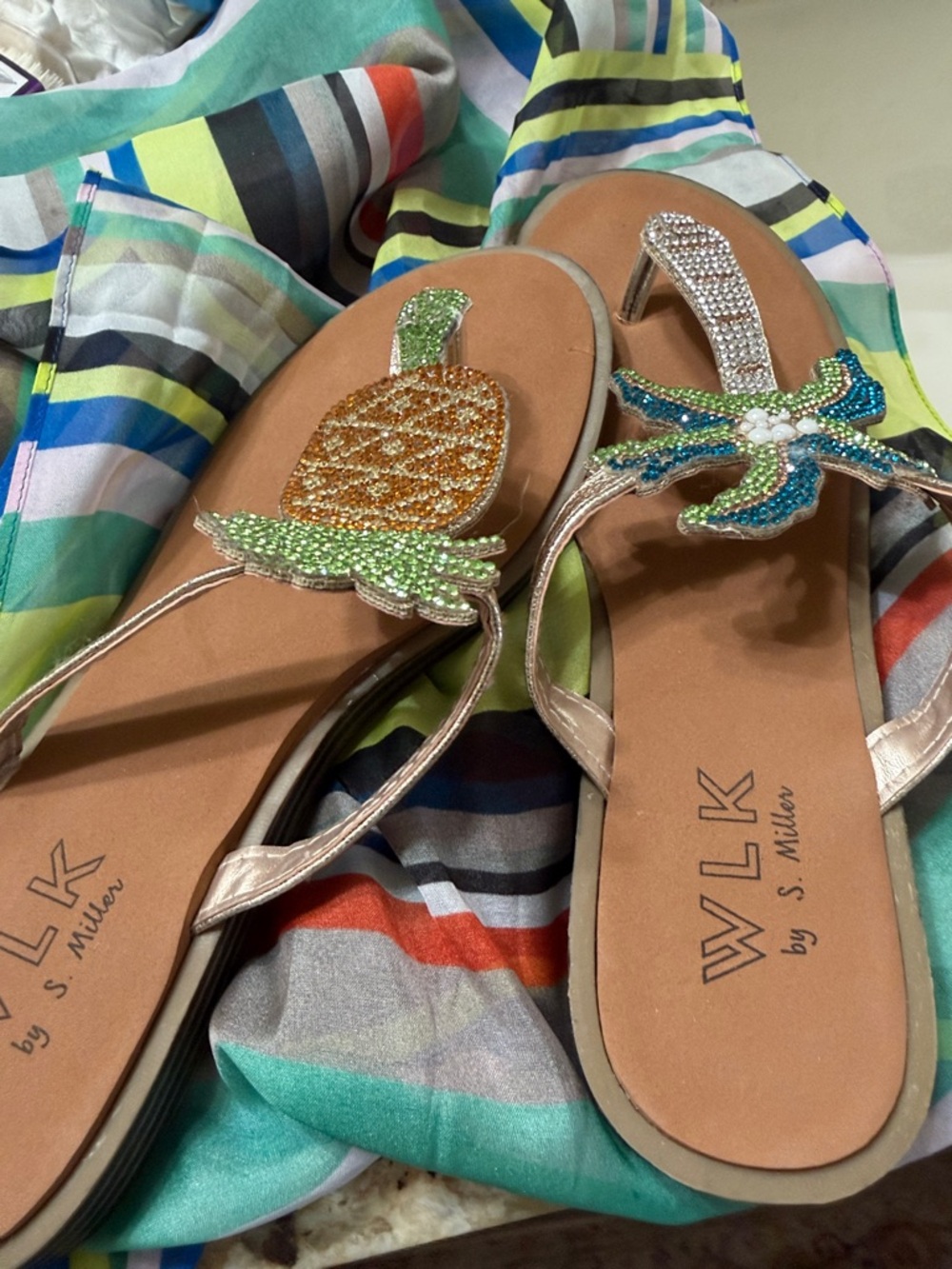 Sally Miller Beaded Pineapple 🍍 & Palm Tree 🌴 Sandals - Gold, Green, Blue